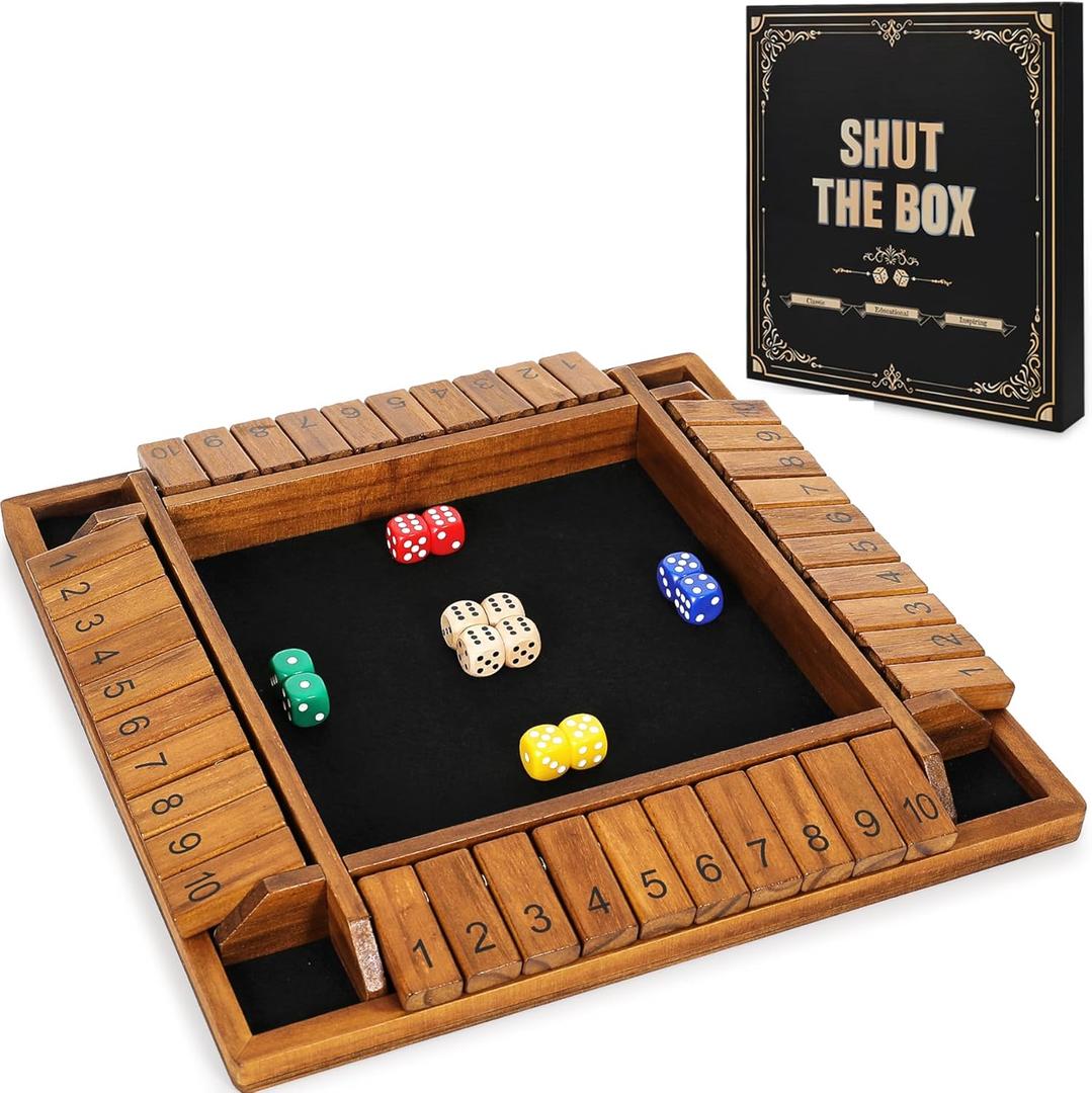 Vamslove 12 inches Shut The Box Dice Game Wooden Board Table Math Game with 8+4 Dice for 2-4 Player, 4 Sided 10 Numbers Close The Box for Kids Adults(Instructions Included)
