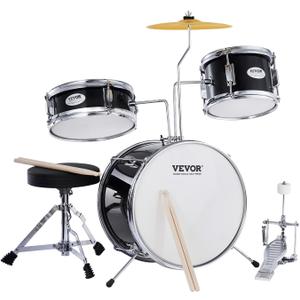 VEVOR Drum Set for Kids, Beginner Junior Drum Kit with Adjustable Throne, Sticks, Cymbal, Pedal, Tom Snare Bass, Starter Drumset for Children (Black, 3-Piece, 14 in)