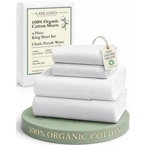 LANE LINEN 100% Organic Cotton King Size Sheets Set, Soft & Comfy All Season Breathable Sheets King Size, Percale Weave Fully Elasticized Eco Friendly Naturally Cooling King White Bed Sheets (01: Pure White)