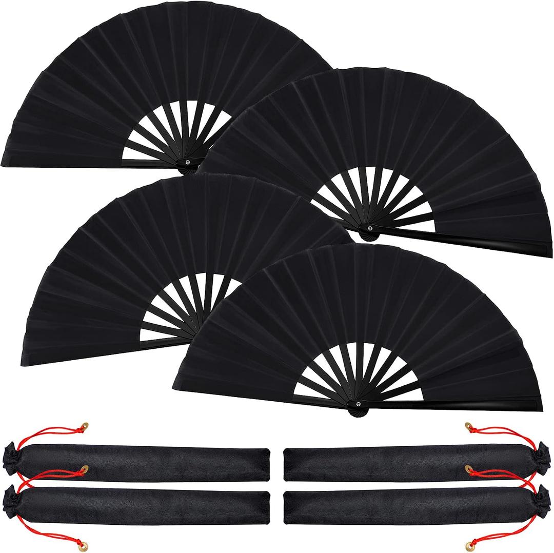 Blulu 4 Pcs Large Folding Fans Bulk with 4 Fan Sleeves, Chinese Kung Fu Hand Clack Rave Fans for Line Dancing, Festival, Party Decor and Performance(Classic Style,Black,13 Inch)