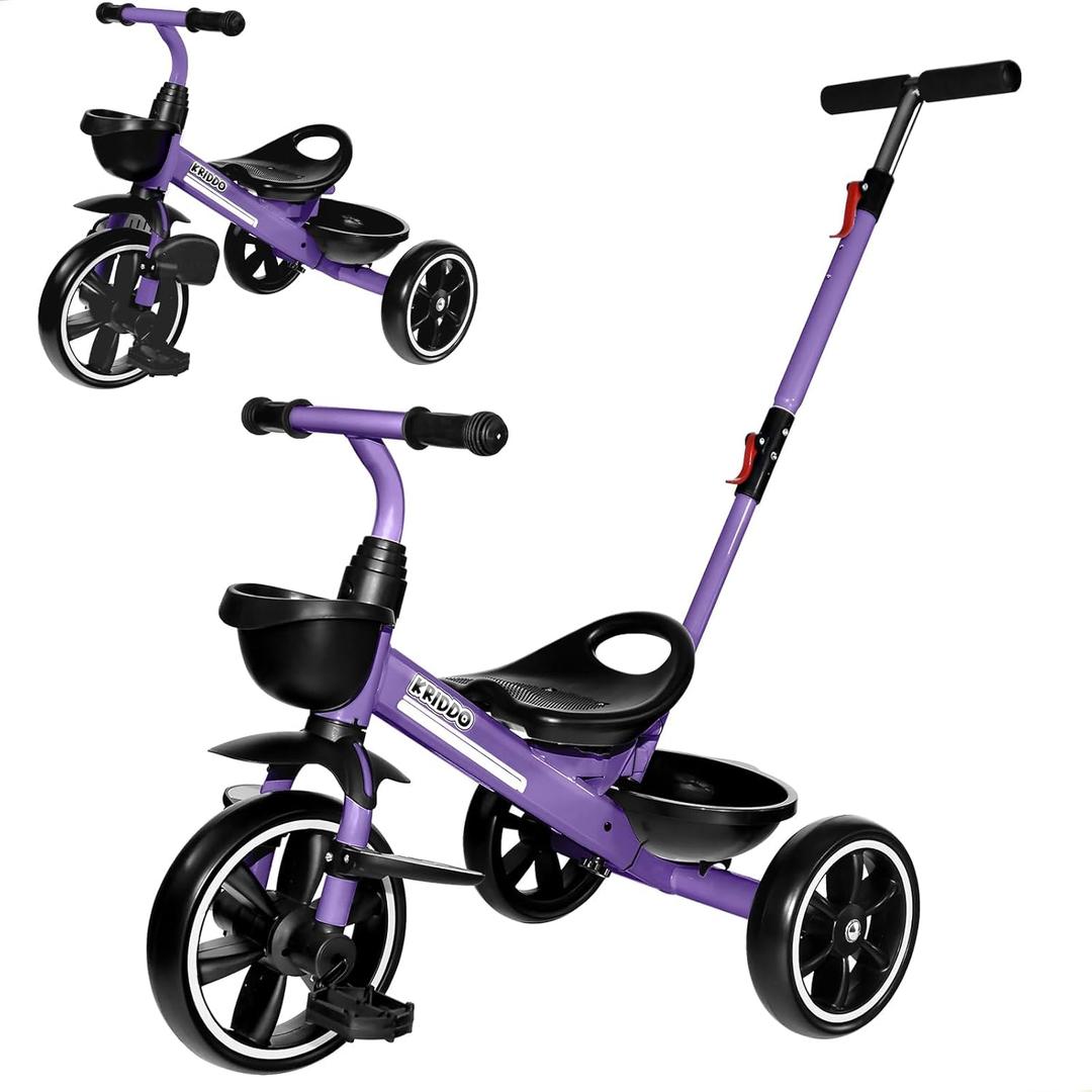KRIDDO 2-in-1 Toddler Tricycle for Ages 18 Months to 5 Years Old - Extended Push Handle for Effortless Push, Gift Trike for Toddler 3 to 5 Year, Kids Tricycle with Foldable Front Footrest, Purple