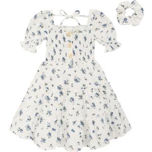 GRNSHTS Toddler Girl Summer Dress Short Sleeve Beach Sundress with Headband(Blue Flower+White,6T)
