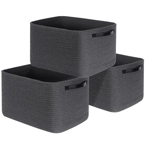 MINTWOOD Design 3-Pack Decorative Woven Storage Baskets for Shelves, Cube Bin Box for Organizing Books, Shoes, Dog Toys, Pantry Closet and Living Room Organizer, Charcoal / Black