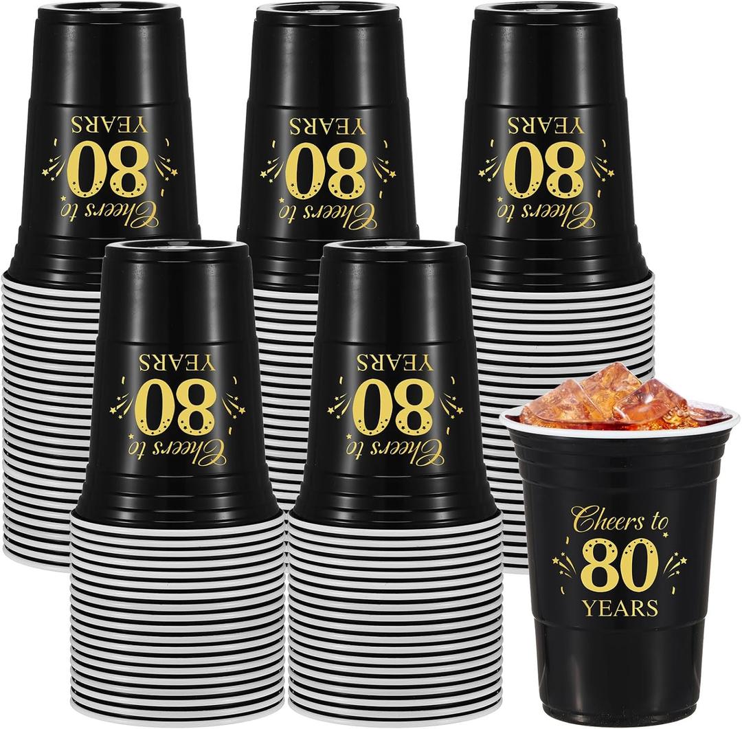 Ziliny 50 Pack 80th Birthday Decorations Birthday Cups 16 oz Disposable Plastic Gold and Black Cheers to 80 Years Cups for Men Women Hot Cold Drinks for Wedding Anniversary Supplies
