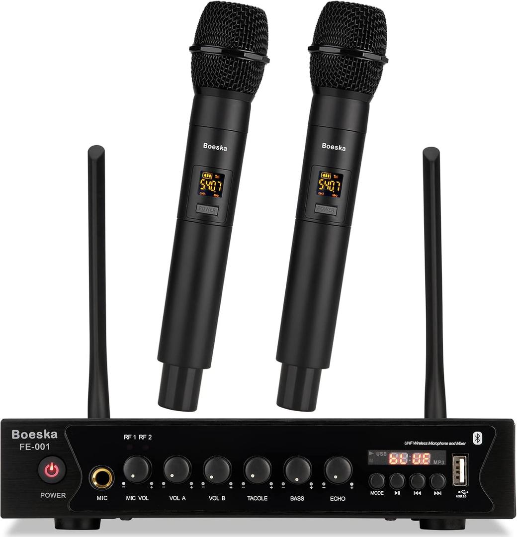 Wireless Microphone System, UHF Dual Cordless Handheld Microphones Set for Home Karaoke, Singing, Speech, Party, Meeting, Church, 262ft Range, Black