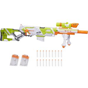NERF Longstrike Modulus Toy Blaster with Barrel Extension, Bipod, Scopes, 18 Elite Darts & 3 Six-Clips