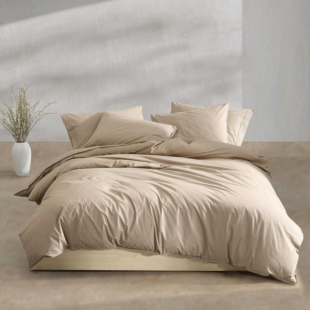 King Duvet Cover Set of 3 100% Crisp & Cool Cotton Percale Bedding, Corner Ties & Button Closure, 3 Piece Bed Set with Matching Pillowcases (Modern Cotton Washed Percale Camel Brown)