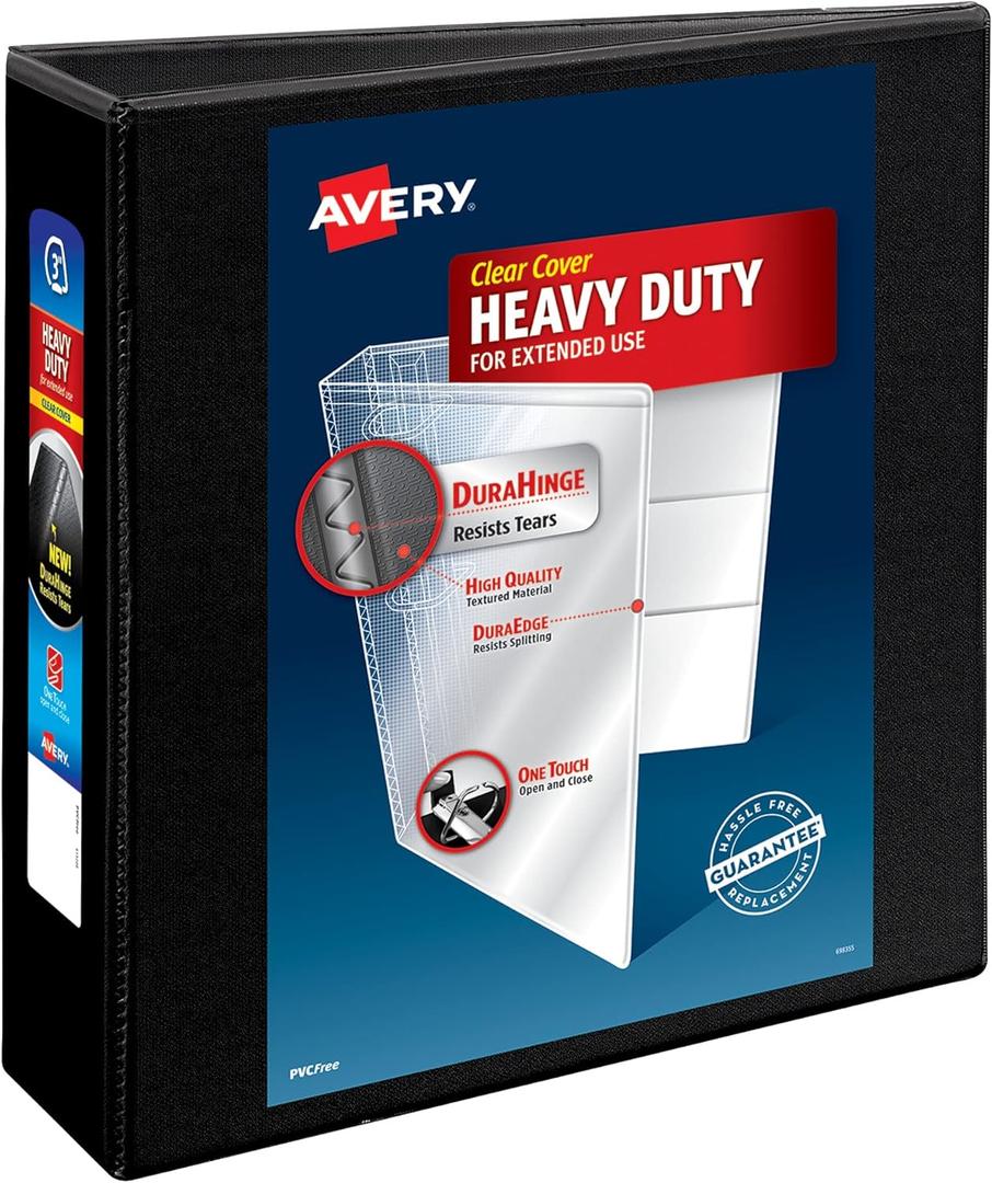 Avery Heavy-Duty View 3 Ring Binder, 3" One Touch Slant Rings, Holds 8.5" x 11" Paper, 1 Black Binder (05600)