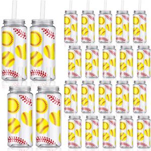 Domensi 24 Pack 14.2 oz Softball Plastic Cups with Lid and Straw Clear Reusable Cups with Lids and StrawsTumbler for Birthday Sports Themed Party Supplies