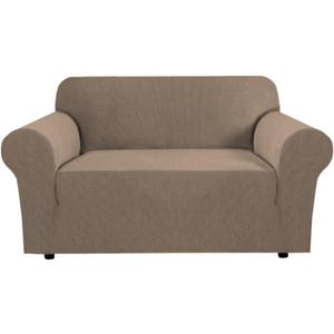 H.VERSAILTEX Stretch Couch Cover Loveseat Covers for 2 Cushion Couch Sofa Slipcover for Love Seat 1 Piece with Elastic Bottom, Checked Jacquard Fabric(Loveseat 58"-70" Wide, Macchiato)