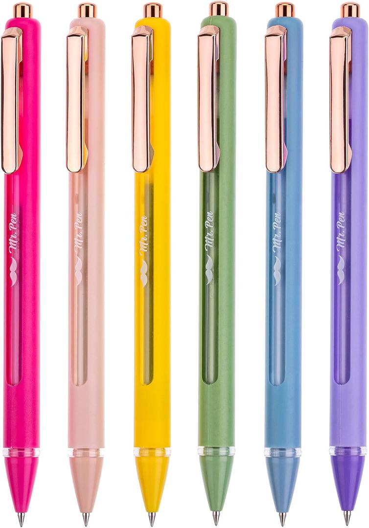 Mr. Pen- Retractable Gel Pens, 6 Pack, Black Ink, Vibrant Barrels, Fine Point 0.5 mm, Fast Dry, Smooth Writing, Cute Gel Ink Pens for Drawing, Writing Planner and School Supplies