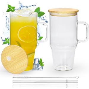 Glass Cups with Lids and Straws 32 oz Glass Tumbler with Straw and Lid 2 Pack Glass Tumbler with Handle Wide Mouth Iced Coffee Cups for Smoothies, Soda, Tea, with Bamboo Lids
