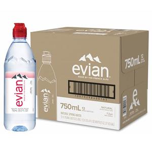evian Natural Spring Water, 750 ml (25.36 fluid ounce) Water Bottle with Sports Cap, 12 Pack 09/11/2026