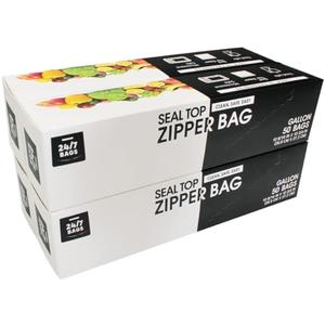 24/7 Bags- Gallon Zip Storage Bags, 50Count, Double Zipper Seal, Easy Grip Open Tabs, Write-On Space, BPA-Free & Heavy Duty, Microwave Safe, Non-StandUp