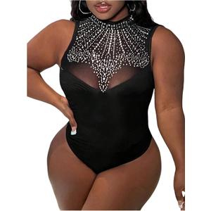WDIRARA Women's Plus Size Sparkly Rhinestone Tank Bodysuit Party Mock Neck Sleeveless Body Suit (3X-Large Plus, Black)