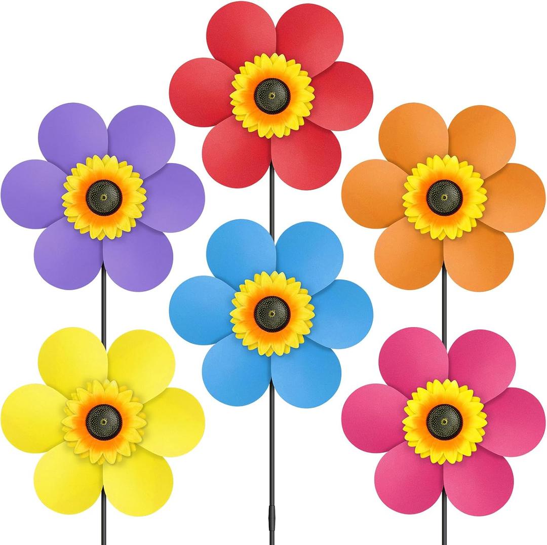 6PCS Sunflower Wind Spinners with Stakes 14" W x 29" H Wind Spinners Lawn Pinwheel Rainbow Windmill Outdoor Pinwheels for Yard DecorationMulticolor