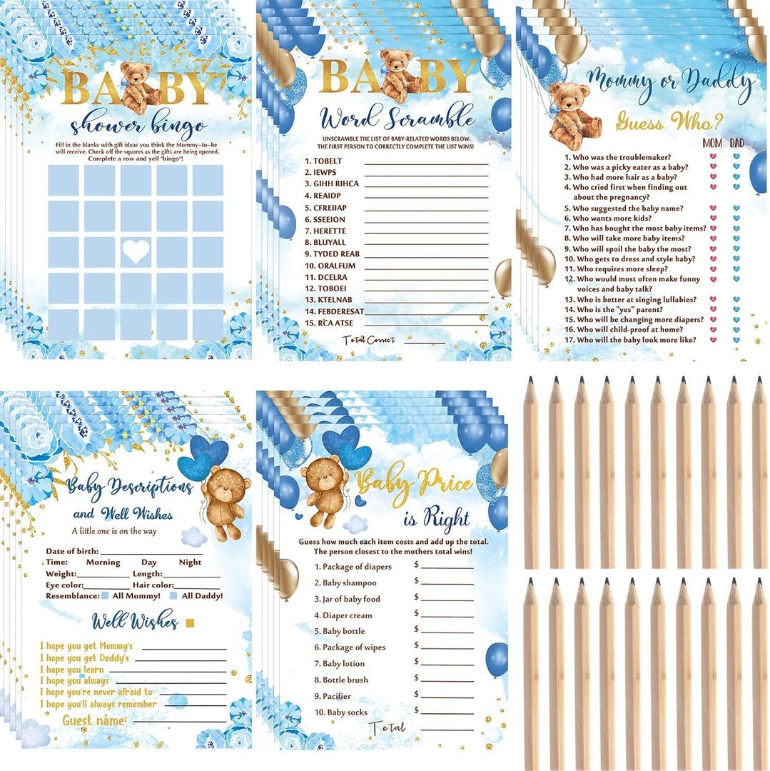 125 Pcs Bear Baby Shower Games for Girl or Boy Set 5 Games Bear Cards with 20 Pencils for 25 Guests Includes Predict Who Baby Price is Right Description Word Scramble Game Supplies(Blue)