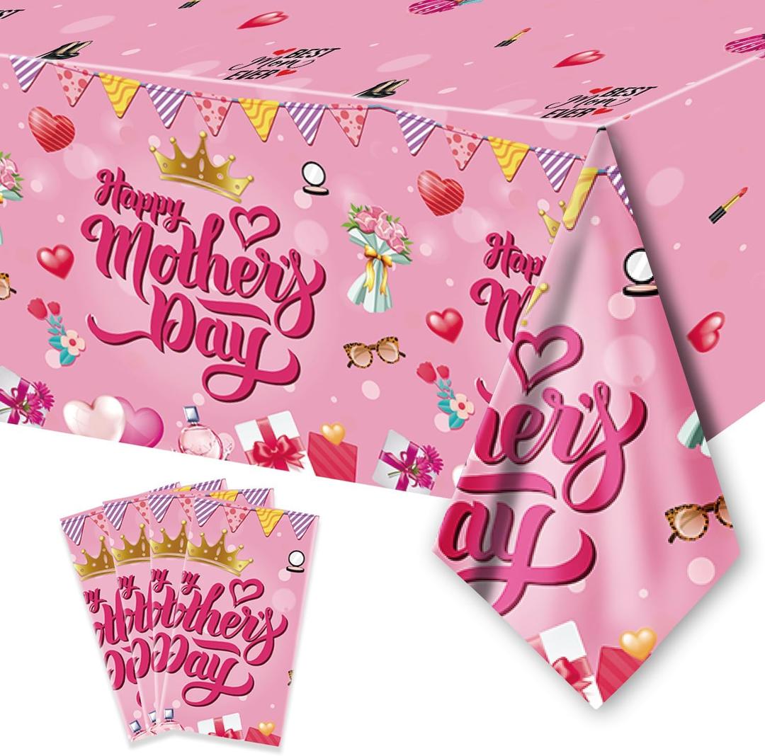 4PCS Mothers Day Tablecloth Disposable - 108" 54", Happy Mothers Day Table Cloth Best Mom Ever Flower Heart Tablecover Plastic Rectangle Table Cover for Dinner Party Decor