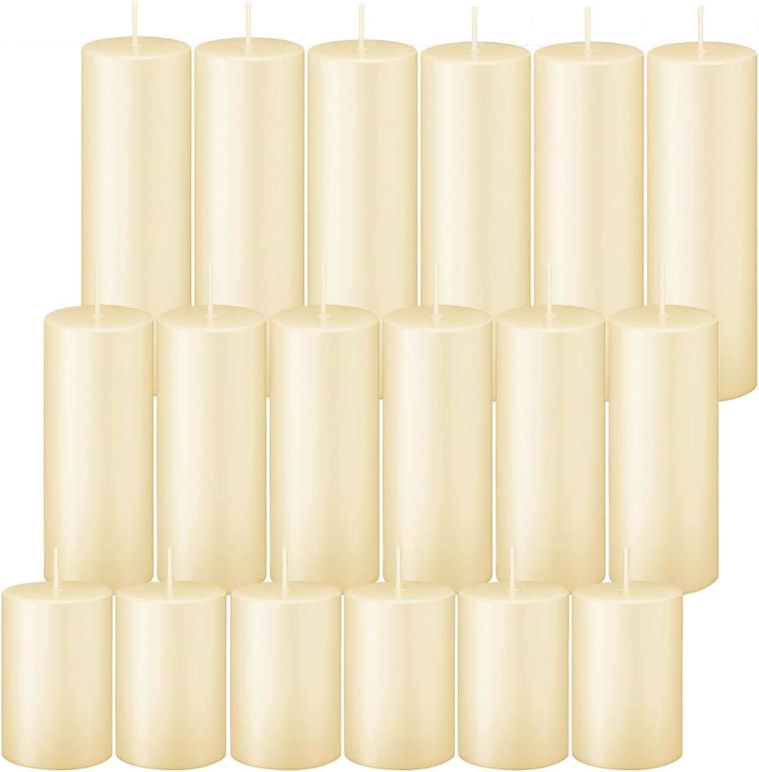 Ivroy Pillar Candles Bulk Set of 18Hurricane Candles3 Different Lengths 2 x 3/6/8 Inch (6 Each)Dripless Unscented SmokelessGives You a Better Atmosphere When Organizing An Event Party 