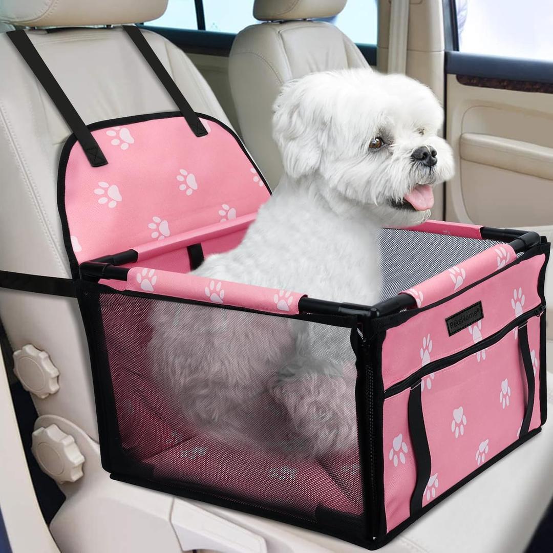 PetsHome Dog Car Seat Foldable Dog Car Booster Seat Waterproof Breathable Oxford Travel Bag for Small to Medium Dogs, Puppies, and Pets-Footprint Pink-Upgrade