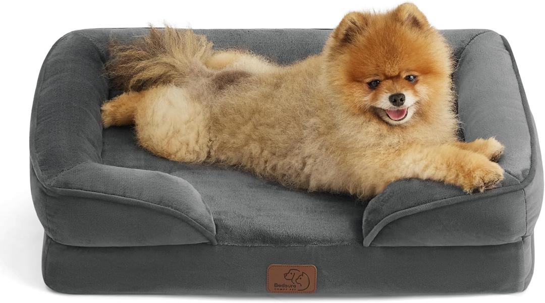 Bedsure Small Orthopedic Dog Bed - Washable Bolster Dog Sofa Beds for Small Dogs, Supportive Foam Pet Couch Bed with Removable Washable Cover, Waterproof Lining and Nonskid Bottom Couch, Dark Grey (24.0"L x 18.0"W x 6.0"Th)