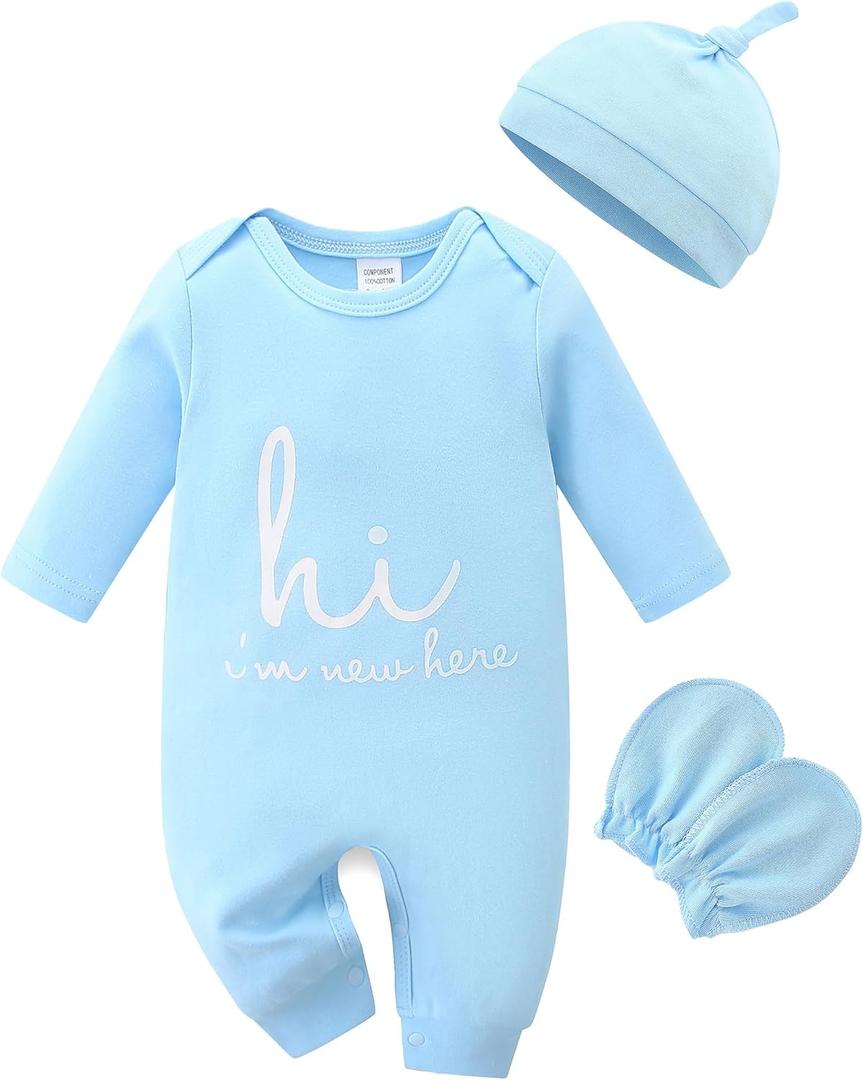 Cute Newborn Unisex Baby 100% Cotton Long Sleeve Onesie Coming Home Outfits,Soft Romper with Mittens & Hat (Blue)