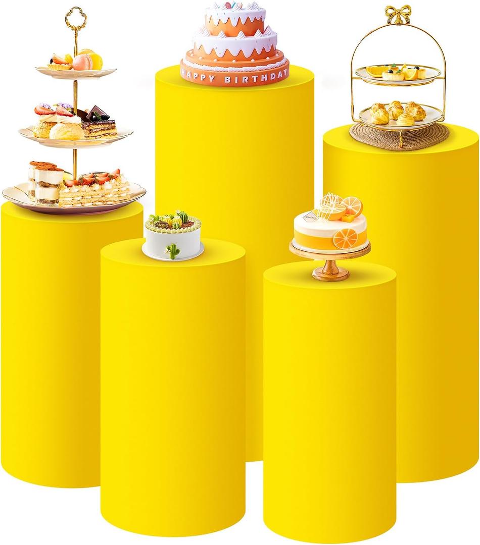 SaitiMade Set of 5 - Yellow Cylinder Pedestal Stand Covers, Spandex Cylinder Stand Covers for Party, Wedding or Birthday Event Decor - Only Contains Cylinder Covers