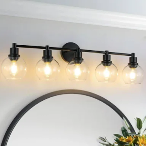 CMHSYTKE Bathroom Vanity Light 5 Light, Black Bathroom Light Fixtures with Clear Globe Glass Shade, Matted Black Wall Sconce Over Mirror for Bathroom, Kitchen, Living Room