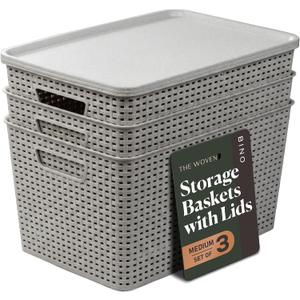 BINO | Plastic Storage Baskets with Lids, 22 Liter - 3 Pack, Natural Grey | THE WOVEN COLLECTION | Storage Basket for Shelves | Woven Storage Baskets for Organizing Bins | Pantry Shelf Organizer Bin