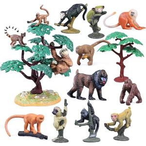 THINKBAY 16PCS Apes & Monkey and Tree Toys, Mini Animal Figurines Toys for Kids Include Orangutan, Tamarin, Lemur, Chimpanzee, Squirrel, for School Projects, Valentine's Day Gifts for Kids