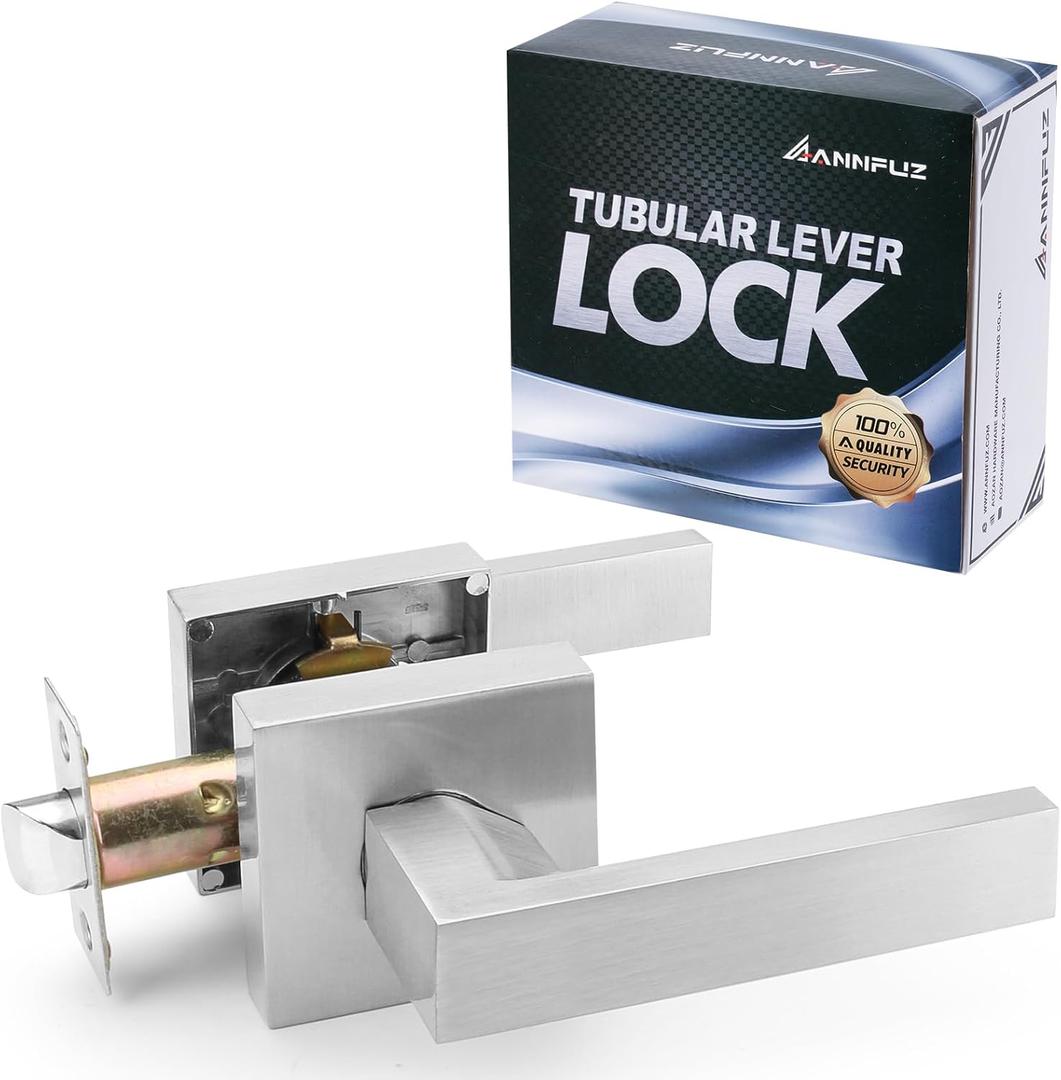 Passage Door Handle Without Key,Square Interior Door Lever for Hallway Closet, Reversible Keyless Lever for Right & Left Side,Heavy Duty Non-Locking Lever Set,Satin Nickel