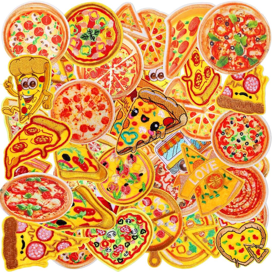 Tigeen 48 Pcs Pizza Iron on Patches Cute Pizza Bulk Embroidered Patches for Hats Clothes Repair Kit Sew on Applique DIY Accessory for Backpack Pants Jeans