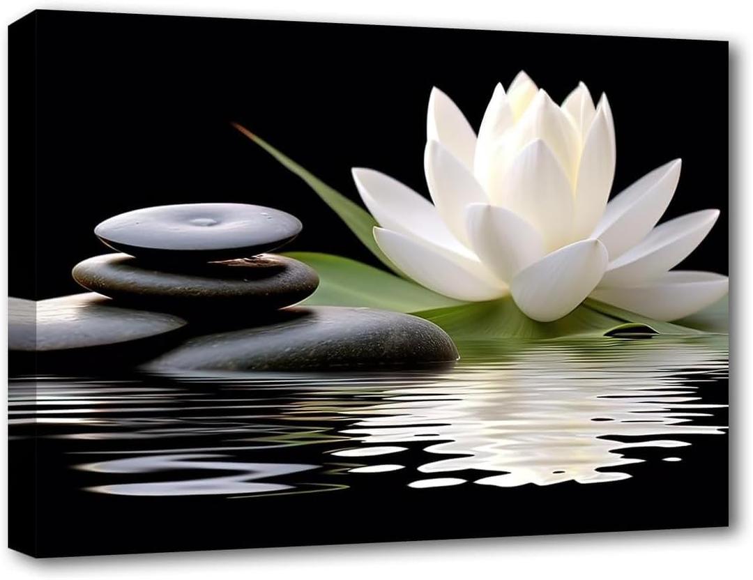 LZIMU Zen Canvas Wall Art White Lotus and Black Zen Stones Bloom in Water Picture Prints for Yoga Spa Meditation Spiritual Room Bathroom Decor (Zen-1, 24"x36")