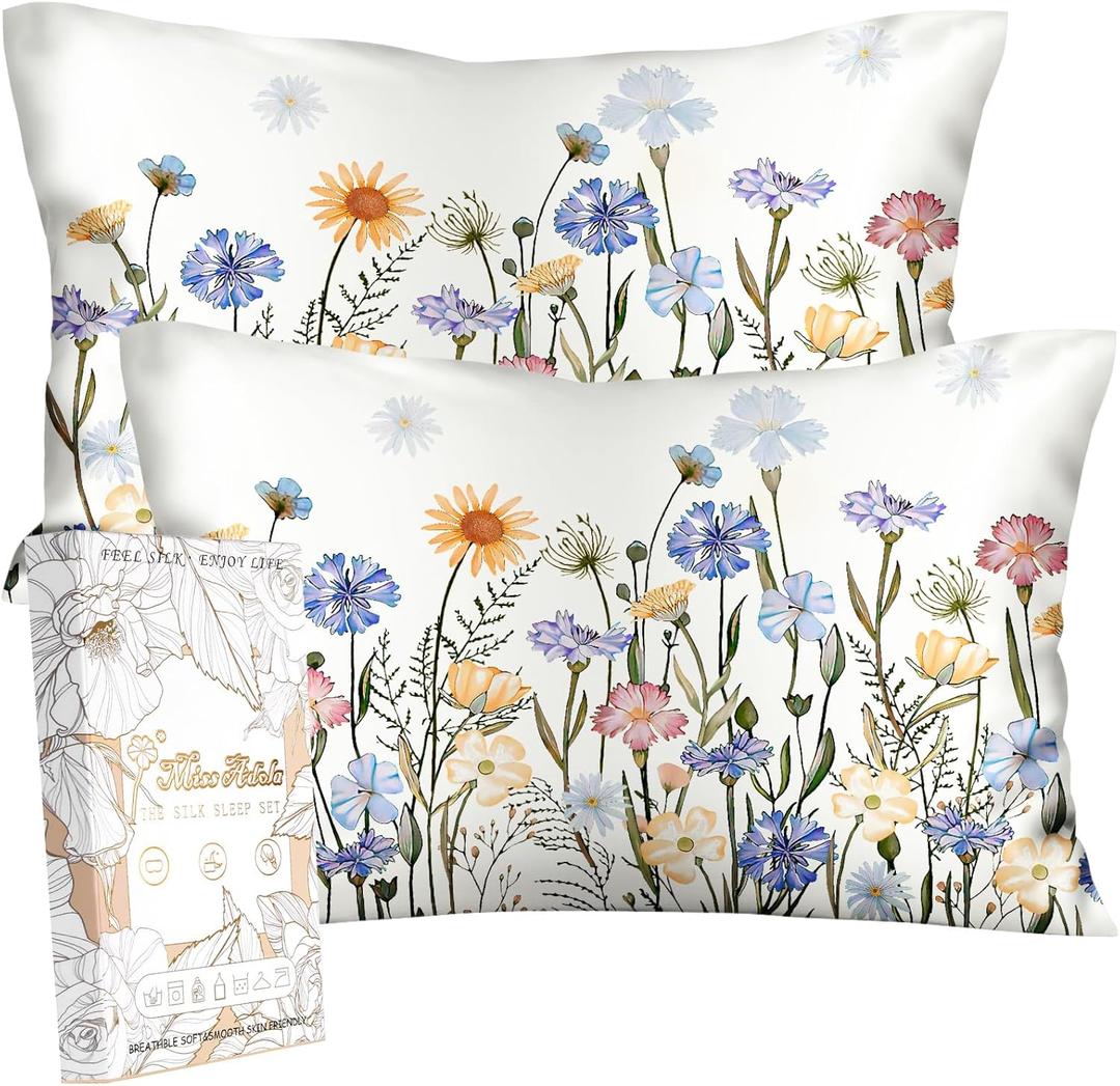 2 Pack Silk Pillowcase - Standard Size 20 x 26 Inch Silky Pillow Case for Hair and Skin Soft Cute Aesthetic Bed Sleeping Pillow Cover with Zipper for Women, Colorful Flower
