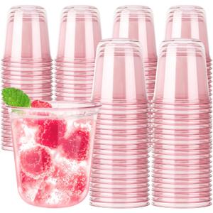 100pcs 12oz Disposable Stemless Glasses,PET Disposable Drinking Cups,Cold Party Clear Plastic Wine Glasses for Parties Birthday,Wedding,Meeting,Christmas Party Supplies. (Pink)