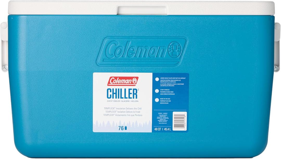 Coleman Chiller 48qt Insulated Portable Cooler with Ice Retention & Heavy-Duty Handles, Made in USA, Great for Camping, Tailgating, Parties, Sports, Concerts & More (Ocean Blue)