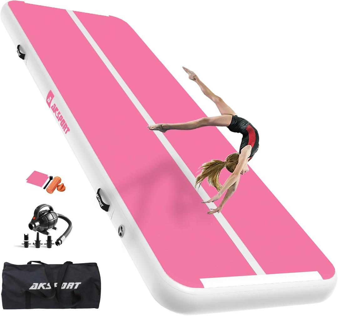 AKSPORT Gymnastics Air Mat Tumble Track Tumbling Mat Inflatable Floor Mats with Air Pump for Home Use/Tumble/Gym/Training/Cheerleading/Parkour/Beach/Park/Water (13ftx3.3ftx4inch, Double Pink)