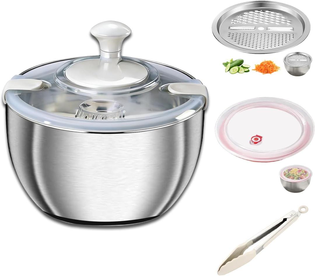 Large Salad Spinner with Storage Lid5.29QT Stainless Steel Spin Dry Salad Greens Fruit Washing Bowl with Strainer Vegetable Cleaner washer Lettuce Spinner with slicer and julienne cutter
