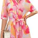 PRETTYGARDEN Womens Rompers for Summer 2025 Beach Vacation Clothes Short Sleeves Floral Jumpsuits Beach Cover Up (XL)