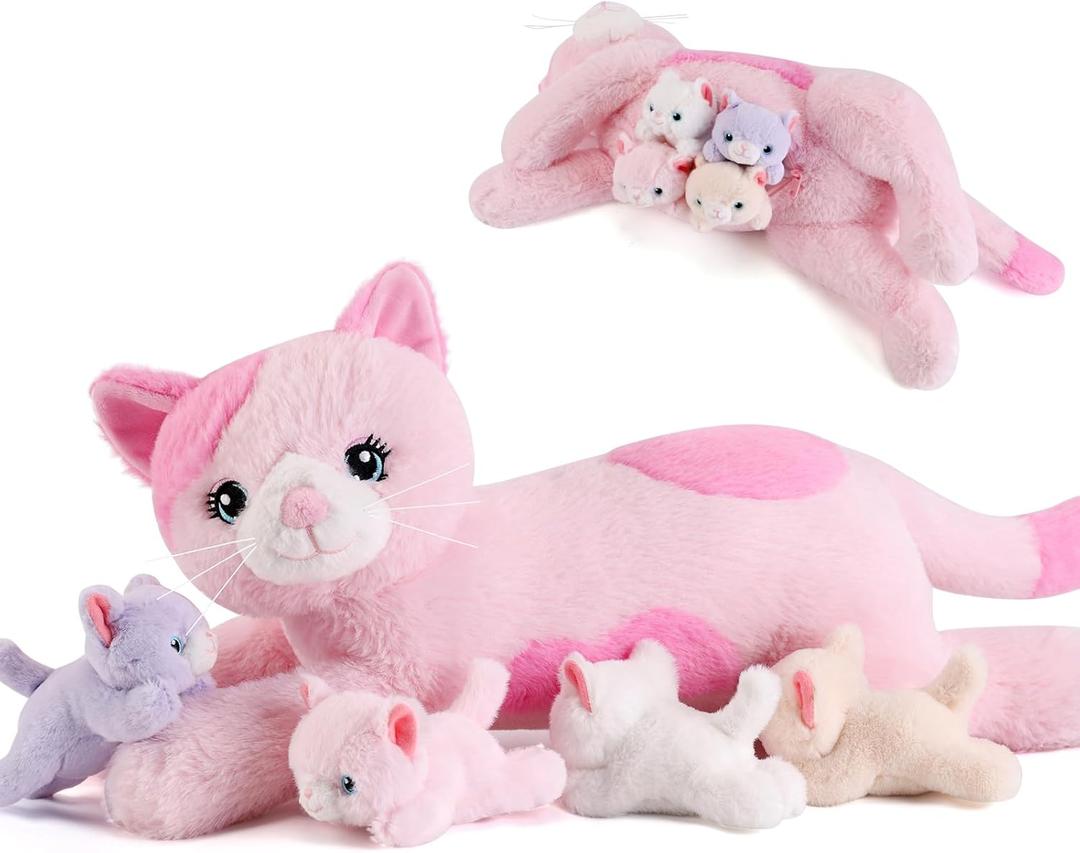 5 Pieces Cat Stuffed Animals with Babies Inside Belly - 1 Mommy Stuffed Cat with 4 Kittens - Stuffed Kitty Plush Toys for Kid Age 3-8, Gift Ideal for Christmas, Valentine's, Birthday (Pink)
