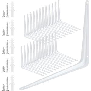 SOUJAP 24 Pack 10 x 12 Inch White Shelving Brackets, Metal L Brackets Supports, Wall Corner Angle Shelf Brackets with 144 Screws and 72 Plastic Expansion Tubes for Wall Hanging