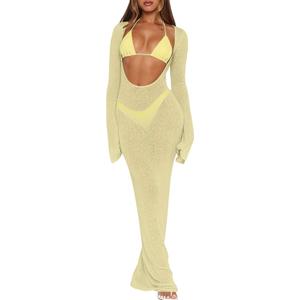 3 Piece Swimsuits for Women Sexy Halter Triangle Thong Bikini Sets with Sheer Mesh Beach Cover Up Dress Vacation Outfits (Yellow, S)