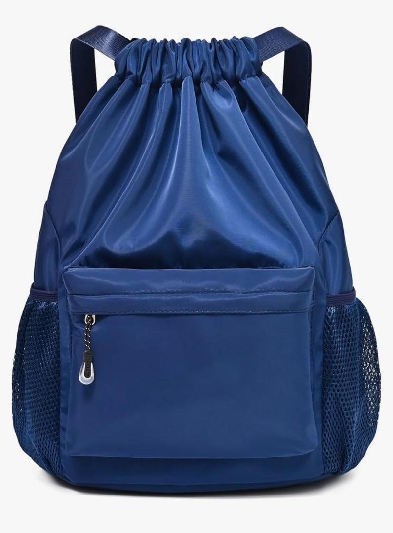 Drawstring Backpack for Women, Waterproof Drawstring Gym Bag for Men, Small Cinch Sack for Basketball, Pull String Sport Bag for Soccer. (Deep Blue)