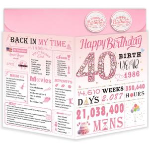 40th Birthday Card for Women, 40th Birthday Decoration, Sweet Funny 40 Year Old Birthday Gifts Idea, Greeting Cards for Wife Mother Aunt Daughter Friend Sister Mon Her, Jumbo Back In 1986 Pink