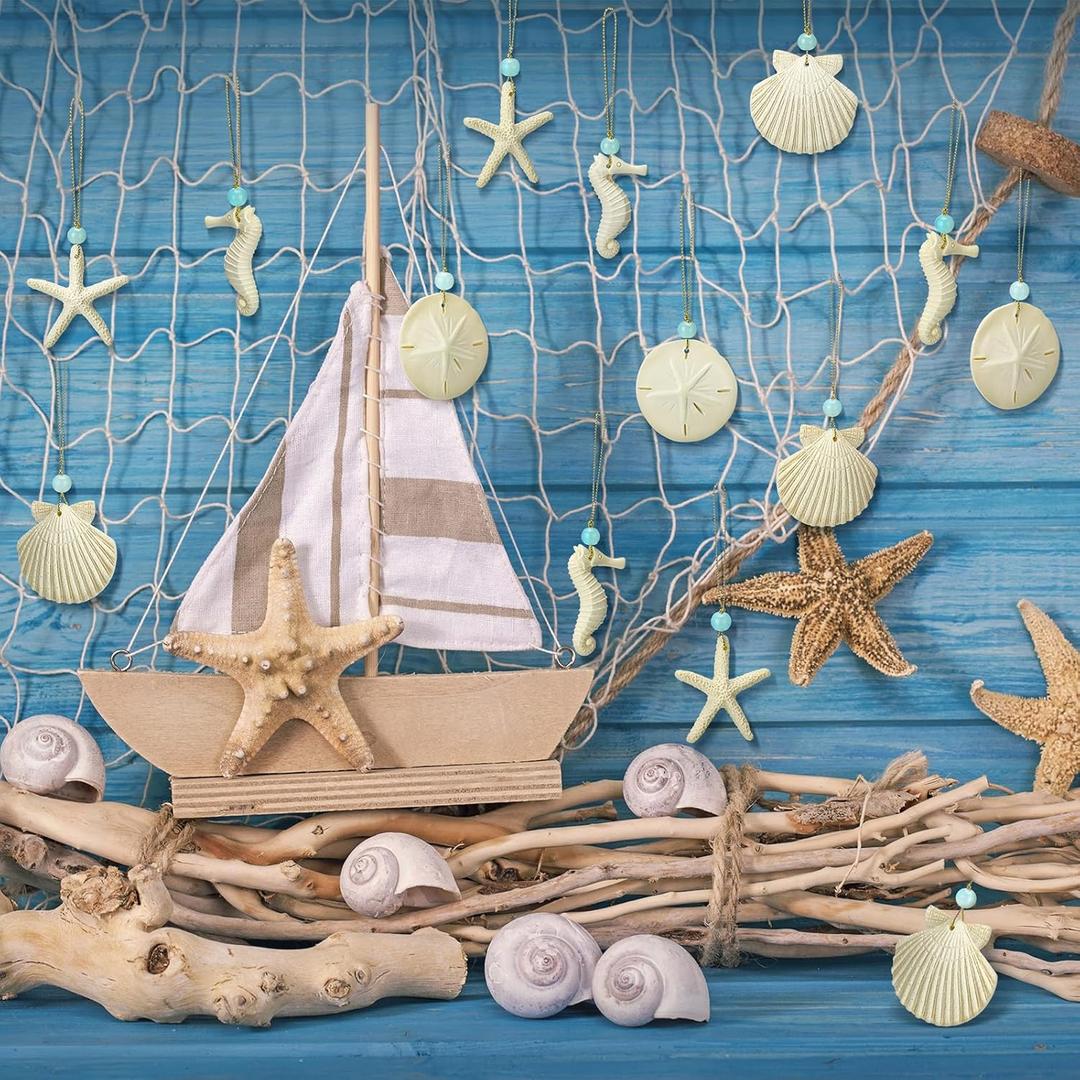 16 Pcs Coastal Nautical Themed Ornaments for Christmas Tree Resin Ocean Beach Coastal Hanging Ornaments Sea Shell Starfish Seahorse Scallop Sand Dollars Decoration for Christmas Tree DIY Craft