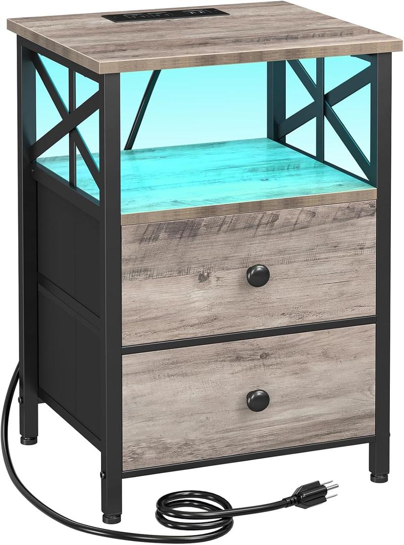 AMHANCIBLE Nightstand with Fast Charging Station, End Tables Living Room with USB Charger 3-Port & 2-Power Outlet, Bedside Table with Storage Fabric Drawers for Bedroom HET052LGY1 (Greige+black)