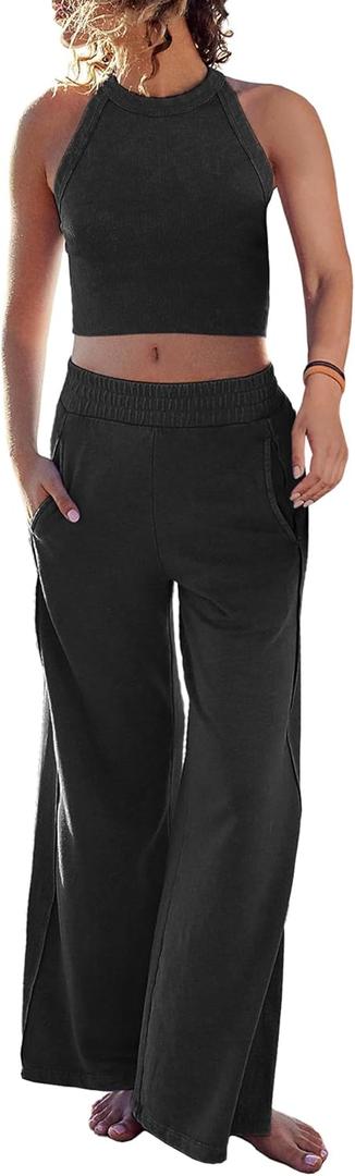 Ugerlov Women's Two Piece Summer Sets Ribbed Tank Crop Top Wide Leg Pants 2 Piece Outfits Matching Lounge Sets Tracksuit, Black S