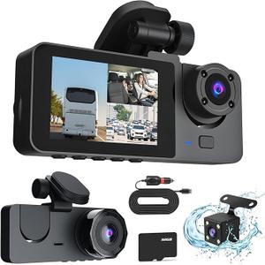 3 Channel Dash Camera – Front, Rear & Inside, 1080P Full HD Car DVR, Built-in Night Vision, G-Sensor Motion Detection, WDR, 24H Parking Mode, Loop Recording