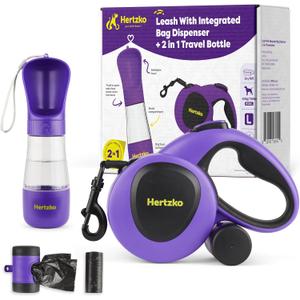 Hertzko Heavy Duty Retractable Dog Leash with Built-in Poop Bag Holder + Water Dispenser/Bottle - Purple & Black, 16 Ft, Small, Medium & Large Dogs Up to 110lbs, Heavy Duty Purple Leash w/Thick Rope