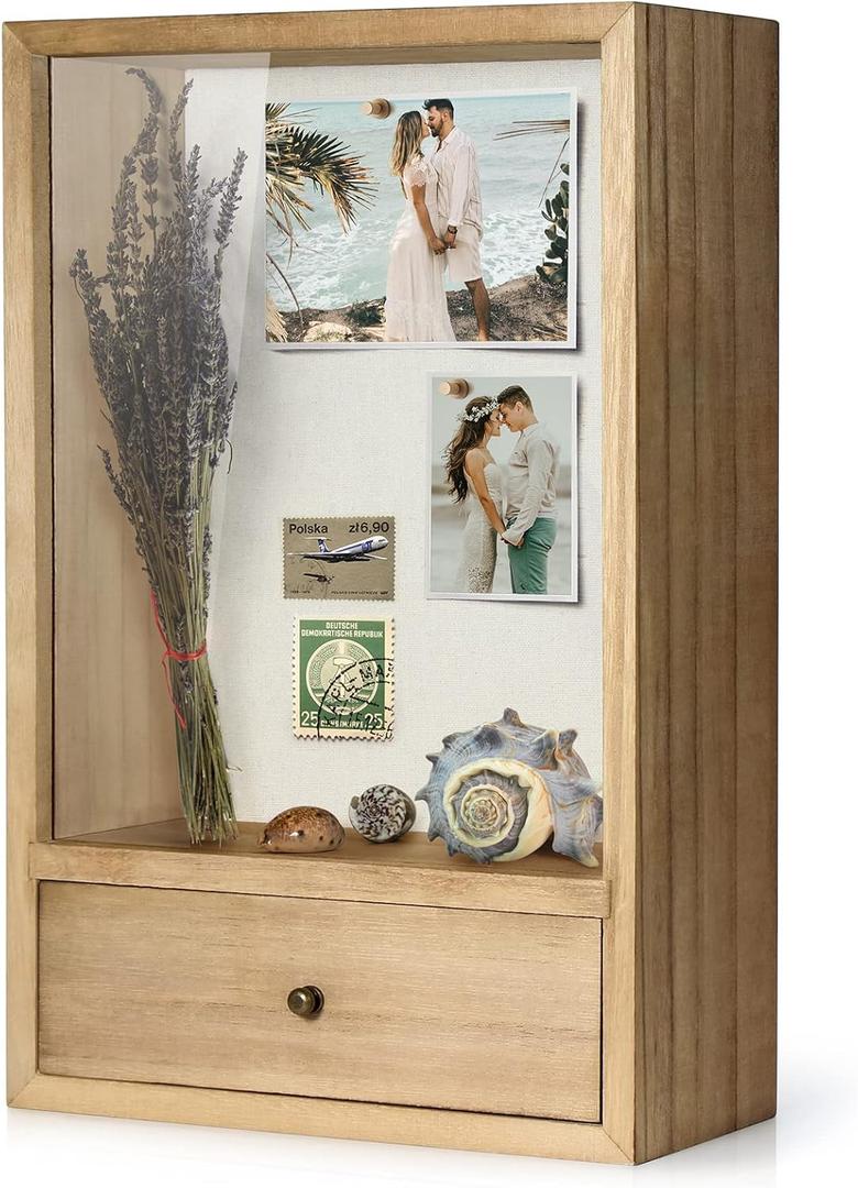 TJ.MOREE Deep Shadow Box Frame with Drawer, Shadowbox Display Case with Glass Window Picture Frame Memorabilia Bouquet Medals Military Photos Memory Box for Keepsakes